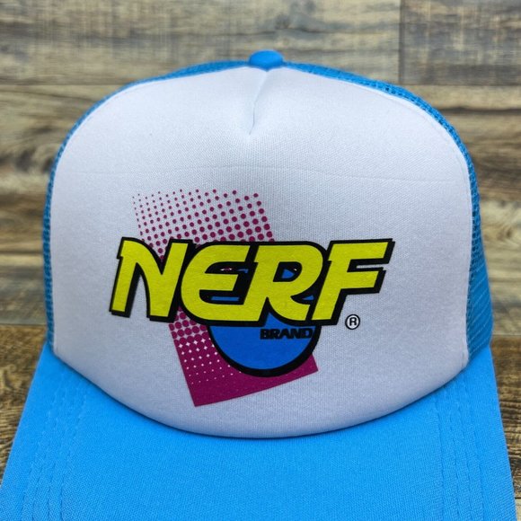 Nerf Gun Mens Trucker Hat Blue Snapback 90s Retro Toys Throwback Logo Ball Cap - Picture 3 of 8